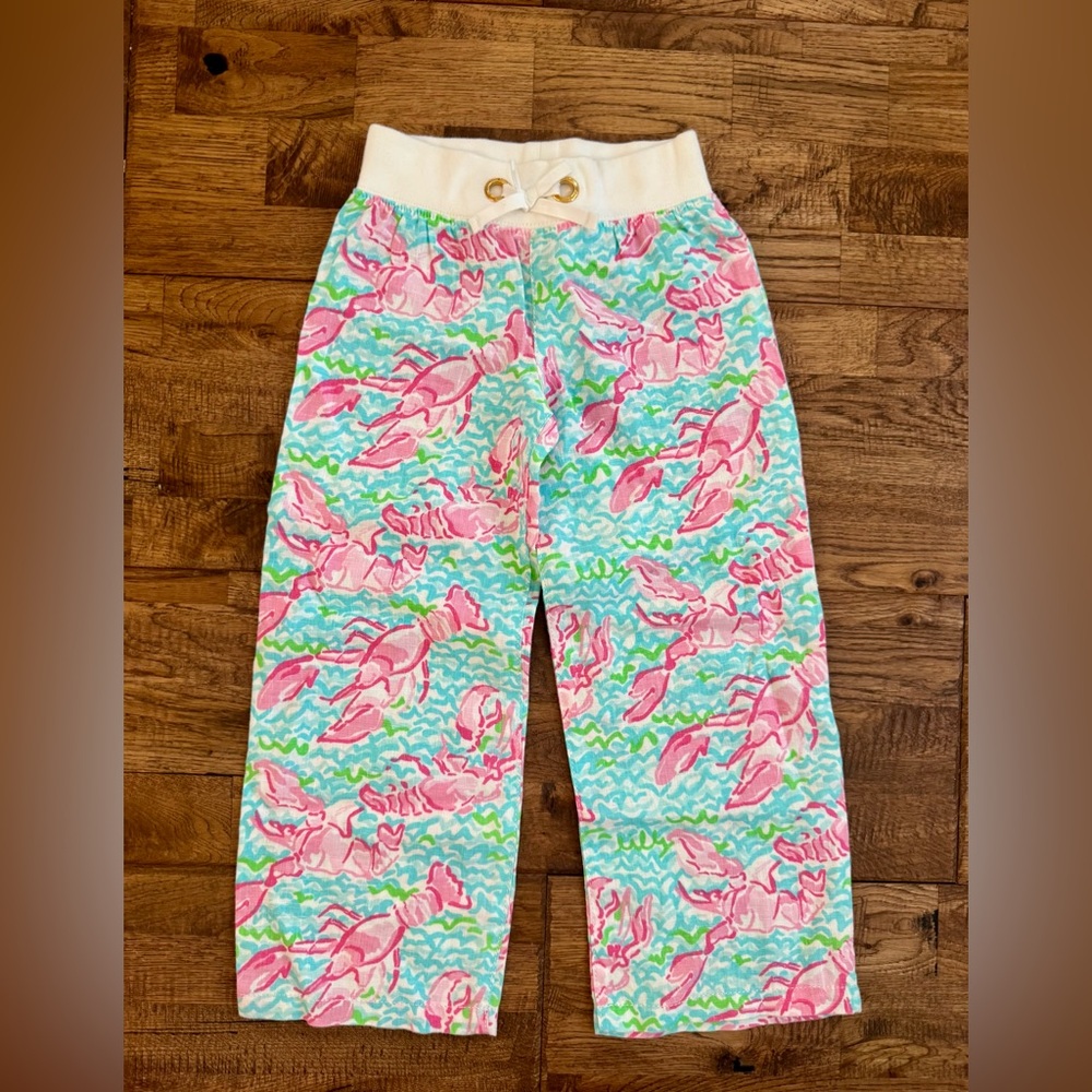 Lilly Pulitzer Little Beach Pants Lobster Roll Spa Blue Linen Girls Size S 4 5 D - Picture 1 of 6